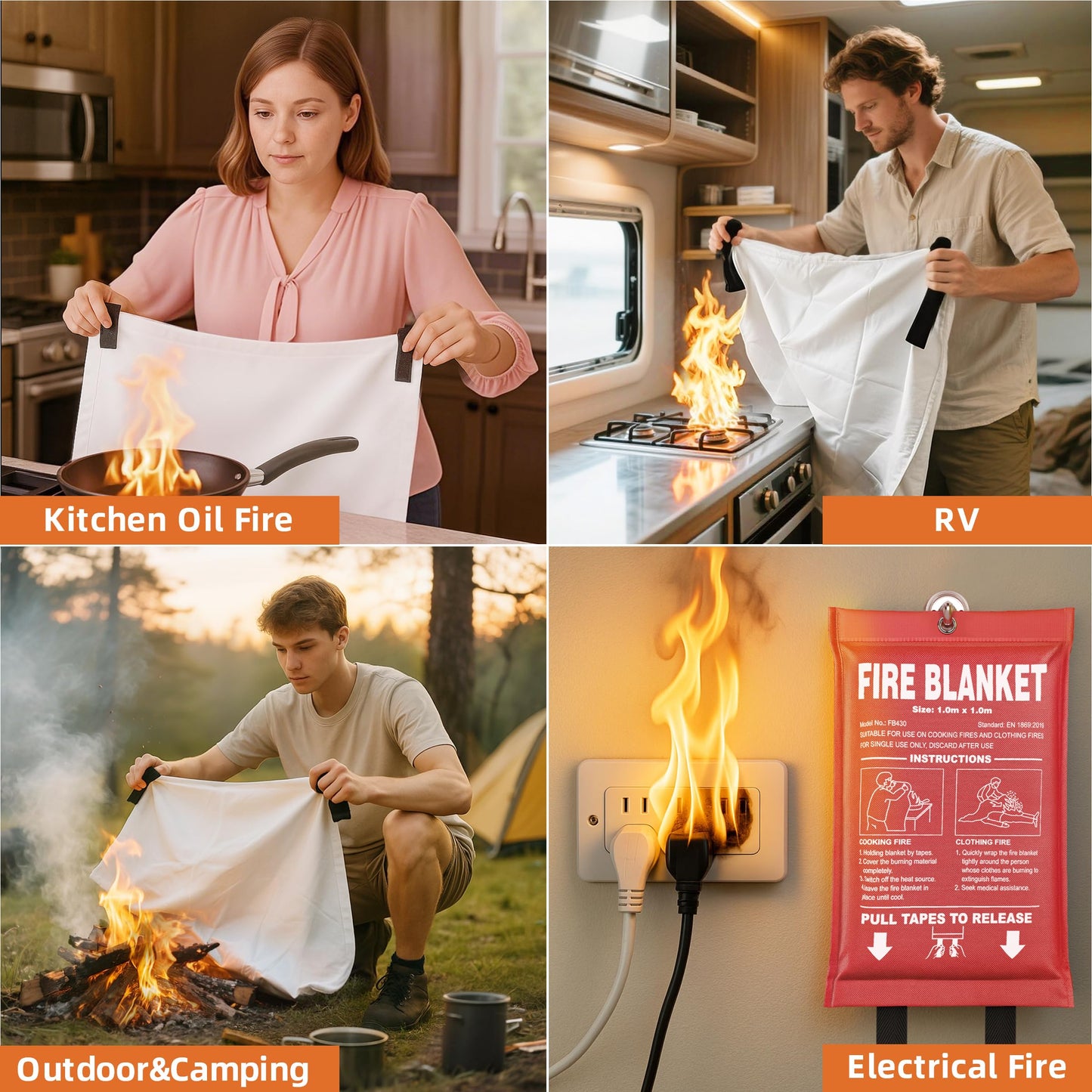 Fire Blanket 4 Pack - 40" x 40" Prepared Emergency Fire Blanket for Home and Kitchen, RV, Grill, Fireplace, Safe & Easy for Young Adults and Elderly Living Alone (Copy)